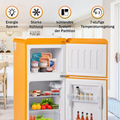 Réfrigérateur congélateur rétro hauteur 86,8cm (88,8cm avec base) largeur 45,5cm 60L total 22L congélation 102 kWh/an éclairage LED.