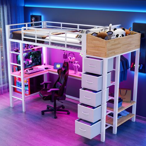 Lit superposé en métal 90x200 cm avec bureau gaming, Lit Mezzanine avec prises USB-C LED, 5 tiroirs penderie rangement, lit ado blanc sans matelas