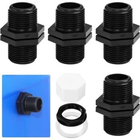 4 PCS Raccords Plein Cuve Eau 25mm Trop Plein Cuve Eau Passe Paroi Cuve Eau Raccords de Cloison avec 4 Écrous, 4 Joints, 4 Bouchons pour Cuve Eau,Tonneau,Citerne (3/4 Pouces) (1/5)