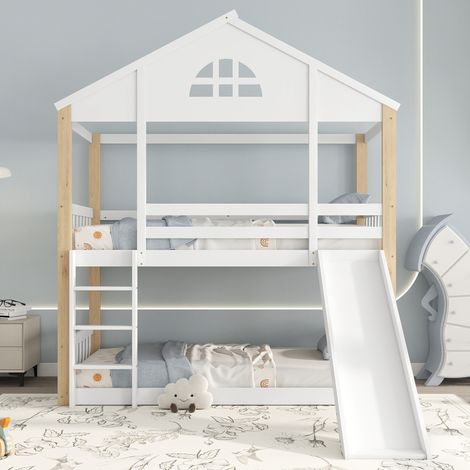 Lit Superposé 90x200cm - Design Maison avec Fenêtres - Toboggan et Échelle 3 Marches - Barrières de Sécurité - Structure Pin Massif et MDF - Capacité 120kg - Blanc et Naturel (1/5)