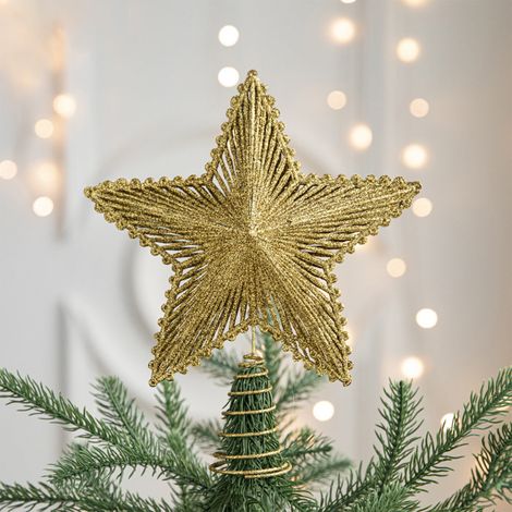 Étoile Pour Sommet D'Arbre De Noël - Étoile Creuse À Paillettes Dorées Avec Lumières Intégrées - 23 x 20 cm - 1 Pièce (1/5)