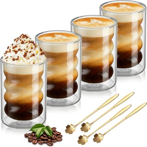 Verres double paroi pour Latte Macchiato 400ml lot de 4 avec design spirale & cuillères en acier inoxydable