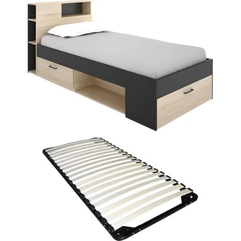 Vente-Unique – Lit coffre 90 x 190 cm avec tête de lit et rangements – 1 tiroir et 5 niches – Panneau mélaminé anthracite et naturel – Éco-responsable (1/5)