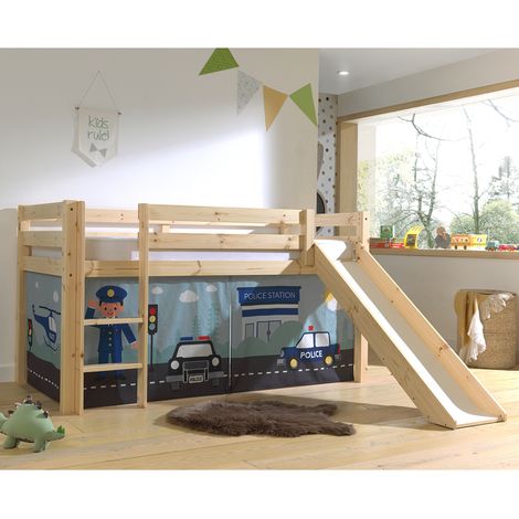 Letto a mezza altezza 90x200 Scivolo sommier incluso housse Police Vipack Pino Legno
