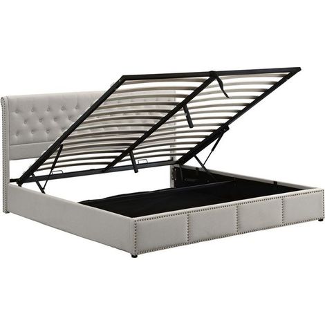 Lit coffre adulte 160x200 rembourré en lin gris clair — 2 places, mécanisme hydraulique, capacité 300 kg