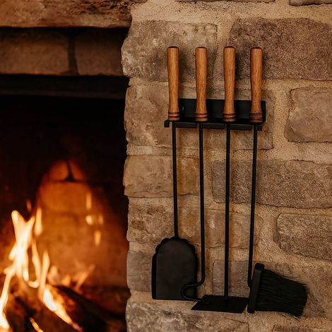Wandmontiertes kaminbesteck set stahl holz 5 teilig (1/5)