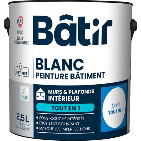 Peinture Tout-en-un Mat Blanc Peinture Acrylique Tout-en-un, Finition Mate, Blanc, 2,5l - Batir Peintures