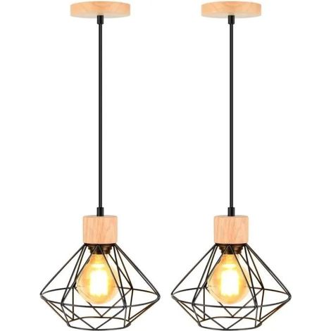 U-Do 2Pcs Lustre Vintage Lampe Cage en Fer Bois design Créatif Industriel Suspension Luminaire Ajustable pour Chambre Cuisine (1/4)