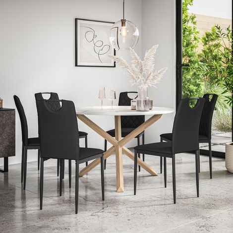 Malvern Round Dining Table And Chairs - Marble Table Top w Solid Oak Legs + Monza Faux Leather Dining Chair Set Of 6 (Black) (1/5)