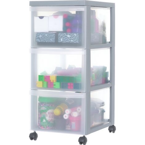 Tour de rangement à Roulettes en Plastique, 3 Grands Tiroirs, Gris, Ouverture Facile, Meuble de Rangement, Papeterie, pour Chambre, Salle de Bain, École (1/5)