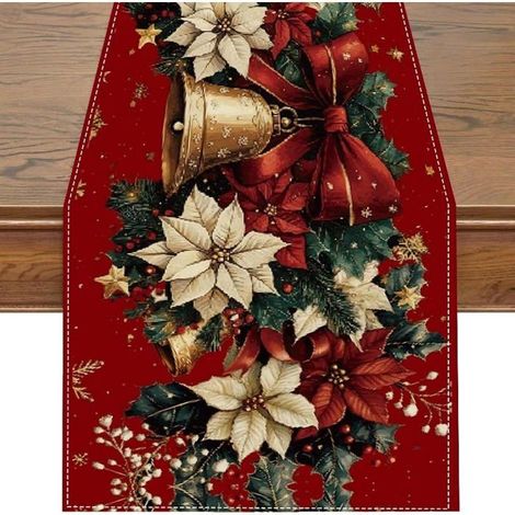 Chemin de Table Noel 33 x 183 cm, Clochettes Houx Decoration Table Noël pour la Saison des Vacances Hiver Cuisine Table à Manger (1/4)