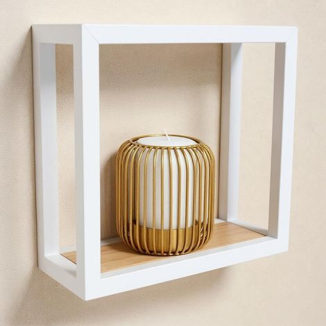 Étagère Murale en métal Noir ou Blanc avec Bois de Bambou Soto Facile à accrocher Étagère Murale décorative Noire Petite étagère Murale Blanc 24cm x 24cm x 12cm (1/5)