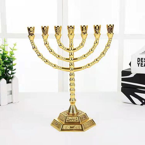 Menorah 7 Branches Antique Gold Brass - David Star Chandelier Lamp 16x13cm - Jewish Temple of Jerusalem Candlestick - 7-Arm Menorah Décor (1/4)