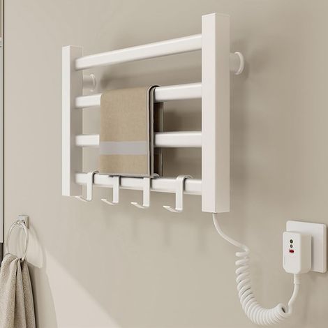 Porte-serviettes chauffant électrique à quatre barres, petit porte-serviettes chauffant de salle de bain avec crochets, fixation murale, blanc.