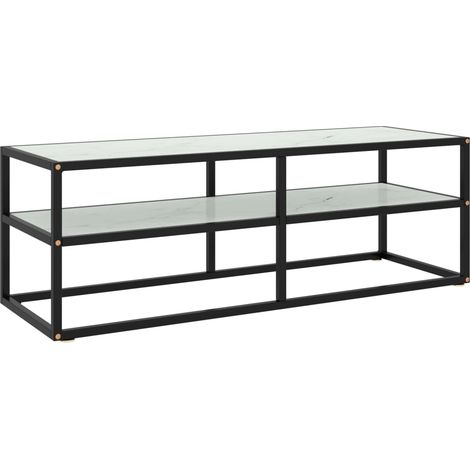 Meuble TV noir, avec plateau en verre trempé aspect marbre, 120 x 40 x 40 cm