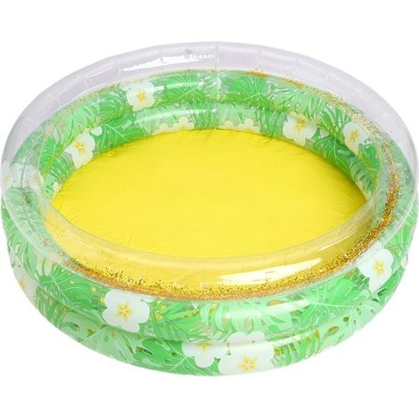 Aufblasbares rundes Kinderbecken 90 cm mit tropischem Blätter und Blumenmuster sowie Glitzerdetails transparentes PVC-Planschbecken für drinnen (1/2)