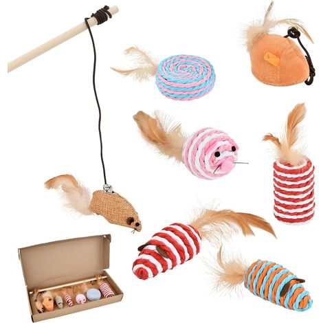 7-en-1 Jouet Chat Interactif – Ensemble de 7 Pièces avec Souris en Peluche, Canne en Bois et Corde en Sisal avec Plumes – Jouets Naturels pour Chat (1/5)
