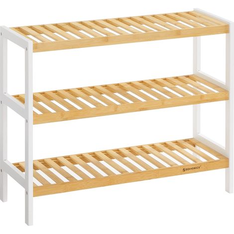 Étagère Chaussures à 3 Niveaux, Meuble de Rangement en Bambou, Organisateur à Chaussures, pour Entrée, Couloir, LBS03H, Blanc et Couleur Boisée, 70 x 26 x 55 cm (1/5)
