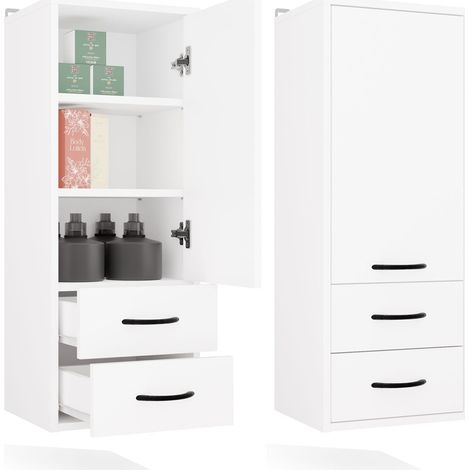Meuble de salle de bain suspendu blanc Nina W1D2S, 3 étagères, 2 tiroirs (1/4)