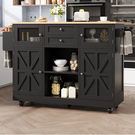 Carrello da cucina 140/70/93,5 cm nero con piano pieghevole e 2 cassetti (1/5)
