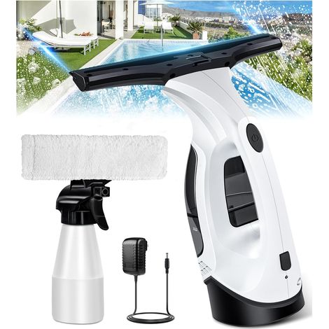 Cordless window vacuum cleaner with removable water tank and sprayer, suitable for mirrors, car windshields and tiles.