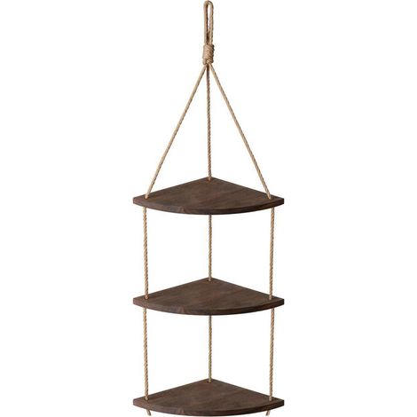 Étagère d'angle vintage marron à 3 niveaux en forme d'éventail avec crochets pour tasses, fixation murale (1/3)