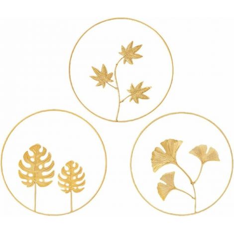 3Pcs Iron Wall Sculptures Round Metal Wall Decor Gingko Biloba Art Flowers Wall Decor Ornament for Living Room Kitchen Home Hotel Bedroom (Golden) (1/5)