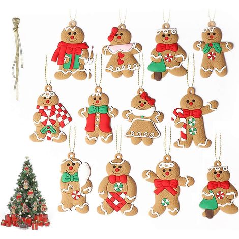 Lot de 12 décorations suspendues bonhommes de pain d'épice décoration de sapin de Noël (1/5)