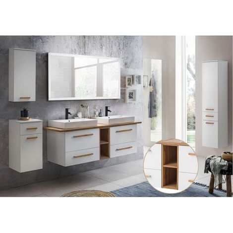 Badmöbel Komplett Set in weiß mit Eiche Landhaus DABO-04 mit 140cm LED-Touch-Spiegel, B/H/T ca. 260/200/50 (1/5)