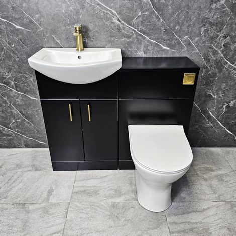 Black Bathroom Vanity Suite 1050mm with Brushed Brass Handles and Flush Button, Without Tap