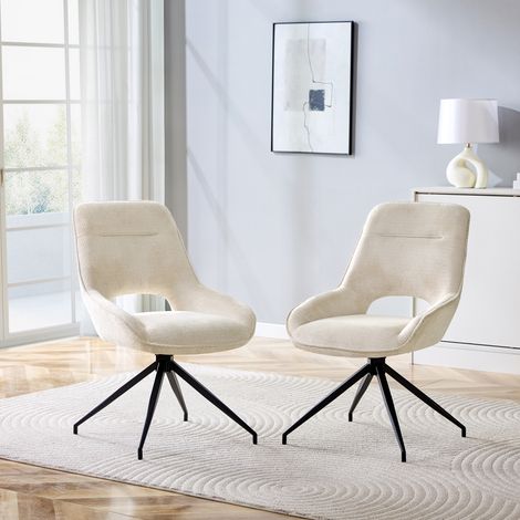 Lot de 2 chaises de salle à manger pivotantes à 360° avec revêtement en tissu blanc: structure en métal laqué noir à quatre pieds, tissu texturé blanc respirant, adapté aux espaces repas modernes. (1/5)