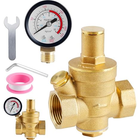 DN20 Régulateur De Pression: 3/4 Pouces Réducteur de Pression Eau avec Manomètre et Outils de Réglage, 1,6 MPa Réducteur de Pression en Laiton, Convient à Équipements D'eau du Robinet (1/5)