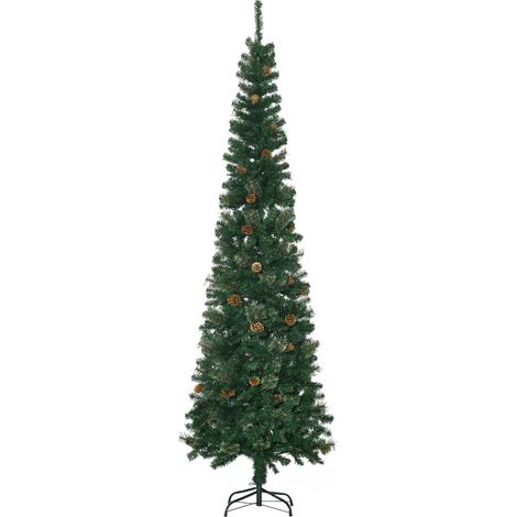 Sapin de Noël de 225 cm avec 706 branches, sapin étroit en forme de crayon avec 56 pommes de pin, base pliable, vert (1/5)