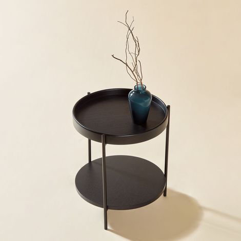 REDOM Tavolino da caffè 44x44x48 cm, con 2 ripiani in legno, tavolino da salotto, tavolo rotondo, in MDF, nero, per casa