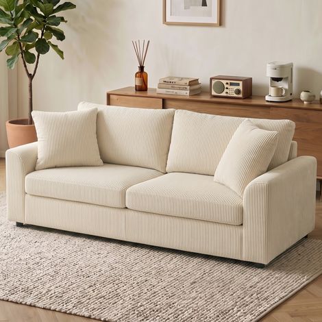 Canapé 3 places 212 cm, 2 coussins à ressorts, tissu velours côtelé, pour salon, chambre ou bureau, crème. (1/5)