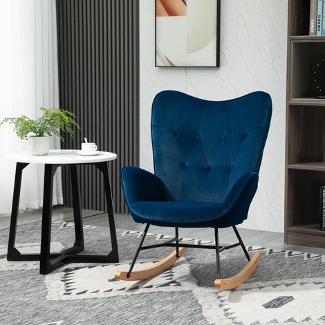 Fauteuil à bascule matelassé, patins en bois, aspect velours, jusqu'à 150 kg, bleu (1/5)