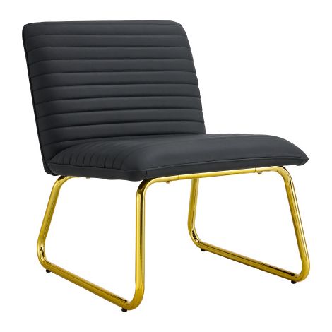 Chaise design sans accoudoirs, lot de 1, chaise de salle à manger rembourrée avec structure métallique dorée et assise en simili-cuir noir nervuré, H. env. 76,2 cm, élégance rétro pour salon et bureau (1/5)