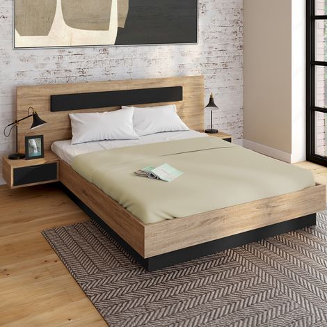 Cama doble SANTA con cabecero + mesillas integradas y somier de 160 x 200 cm de madera y negro (1/5)