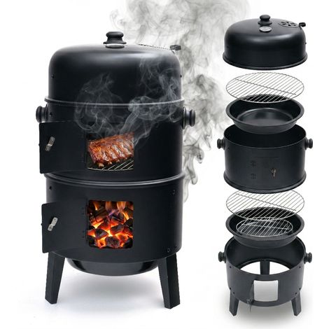 Relaxdays Smoker, 3 in 1, Grillen, Räuchern & Garen, Thermometer & Luftabzug, Wasserschalen, Stahl, Räucherofen, schwarz