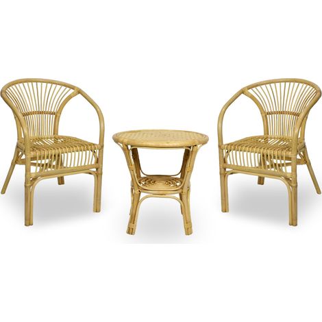 Sala de estar maya en madera de bambú y mimbre natural con 2 sillones y 1 mesa