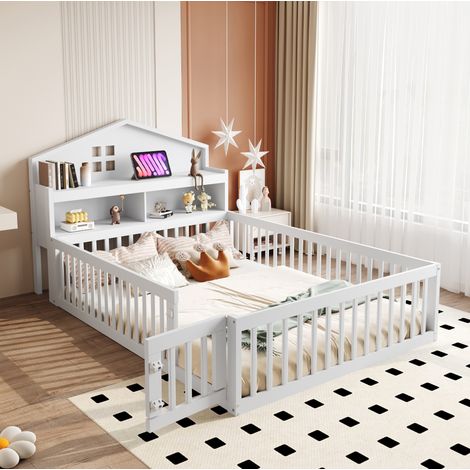 Lit enfant 140x200 avec rangement et barrière blanc HAVRYA (1/5)