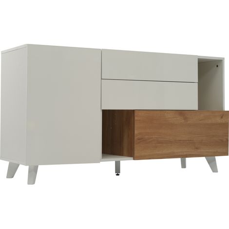 Aparador moderno blanco y roble claro de aglomerado 130 x 40 x 70 cm con 2 cajones y 2 puertas (1/5)
