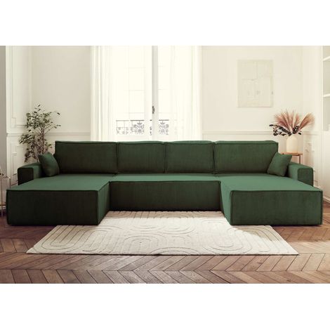 Dellia – wohnlandschaft u-form – 7-sitzer – mit schlaffunktion – mit bettkasten – aus cord - grün