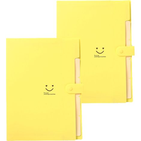 2 chemises à rabats A4, plastique résistant, couleurs vives (jaune, rouge, violet, bleu), fermeture clip, étiquettes adhésives (1/5)