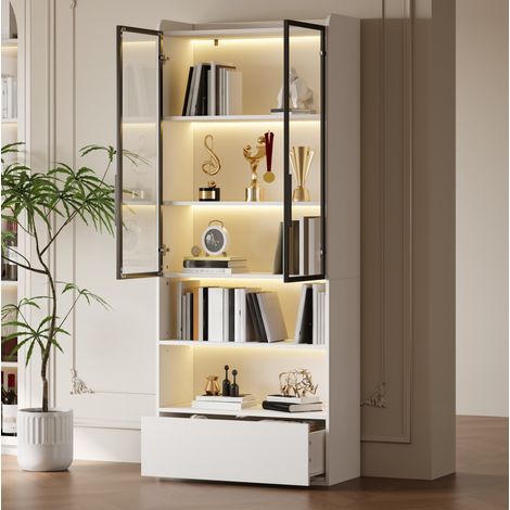 Vitrine 80x34x180 cm weiß aus MDF und Glas mit LED-Beleuchtung und Schublade (1/5)