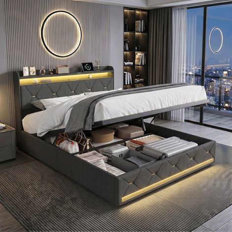 Lit coffre avec Éclairage LED, 200 x 160 lit double avec Recharge sans fil, Cadre de Lit, 2 Personnes avec Rangement, Noir (1/5)