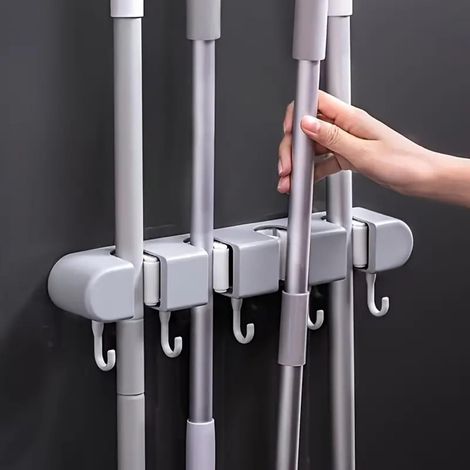 Porta scope e mocio da parete per organizzare al meglio casa, cucina, garage, giardino, lavanderia e bagno (4 ripiani, 5 ganci) (1/5)