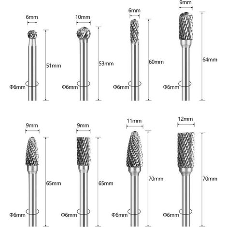 Rotationsfräser, Doppelschliff-Wolframfräser, 8 Stück Doppelschliff-Wolframfräser Vollhartmetall (1/4)