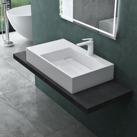 Mai & Mai Lavabo da Appoggio Rettangolare Design Moderno Lavandino bagno Sospeso in Marmoresina, 75x43x14cm Finitura Bianco Colossum12-750R