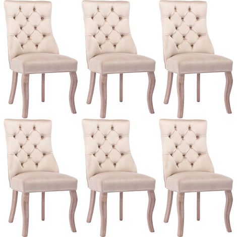 Lot de 6 chaises velours beige - Dossier haut surpiqûres boutons - Structure bois massif - Salle à manger (1/5)